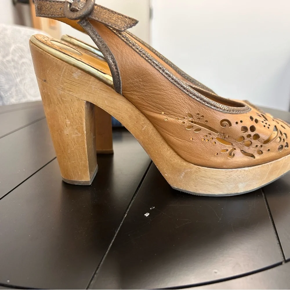Sam Edelman brown laser cut wooden platform sandal heels Size 9 - Picture 3 of 7